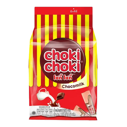 Choki Choki Milk Choco 100-stick pack showing chocolate-filled snack sticks with chocolate coating and packaging.