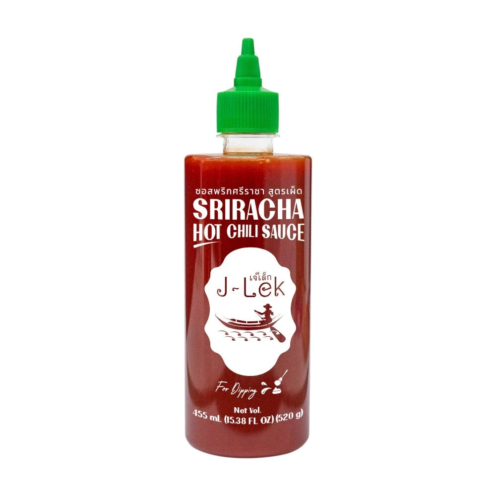 J-LEK Sriracha Chili Sauce bottle showing spicy red chili sauce in 455ml squeeze bottle, label with brand and chili imagery