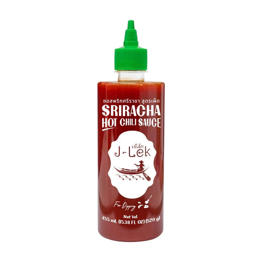 J-LEK Sriracha Chili Sauce bottle showing spicy red chili sauce in 455ml squeeze bottle, label with brand and chili imagery