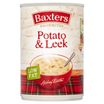 Baxters Potato and Leek Soup in a bowl, showcasing a creamy, green and white soup with leek and potato pieces, in a grocery setting.
