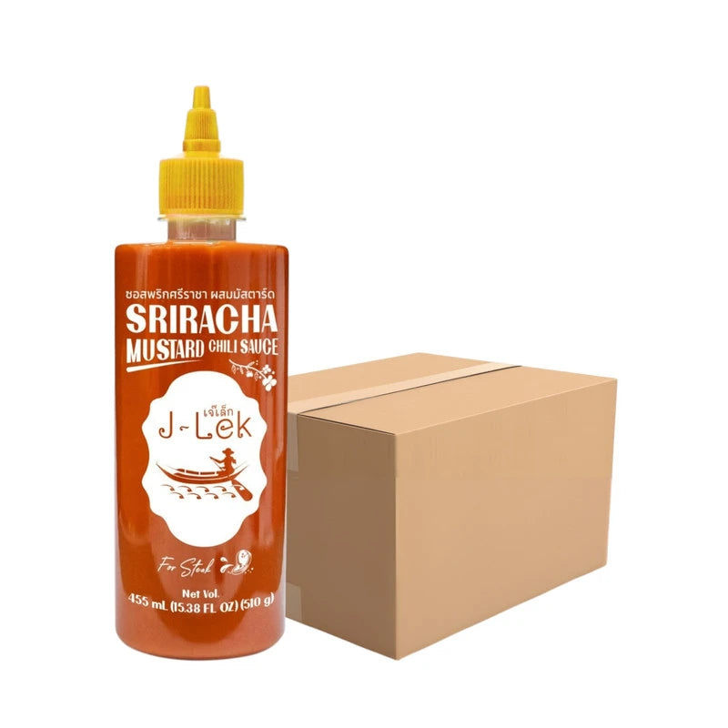 Six bottles of J-LEK Sriracha Chili Sauce mixed with mustard, 510g each, in a pack of six bottles on a white background.