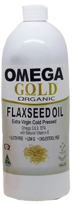 Bottle of Nature's Blend Flax Seed Oil, a healthy omega-rich supplement in a clear glass bottle with a green label.
