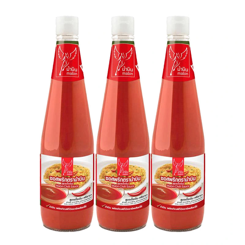 MABIN Chili Sauce 640g bottle with red chili peppers and label, displayed in a row, showcasing spicy condiment packaging.