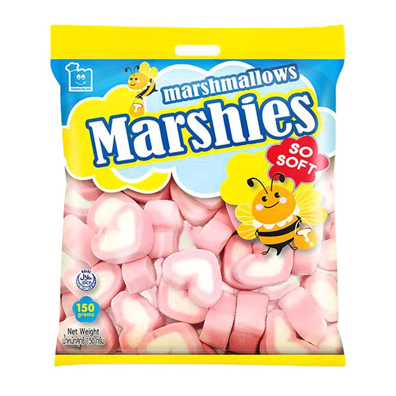 MARSHIES Strawberry Marshmallows in 150g pack, soft pink and white marshmallow treats with strawberry flavor, shown in a close-up image.