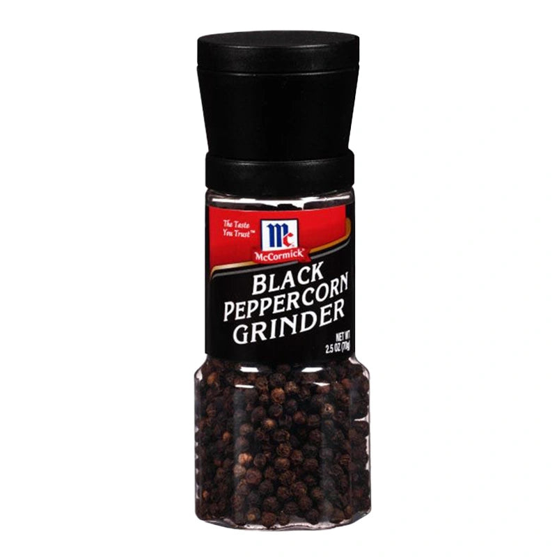 MCCORMICK Black Peppercorn Grinder 70g showing the black peppercorns inside a clear grinder container.