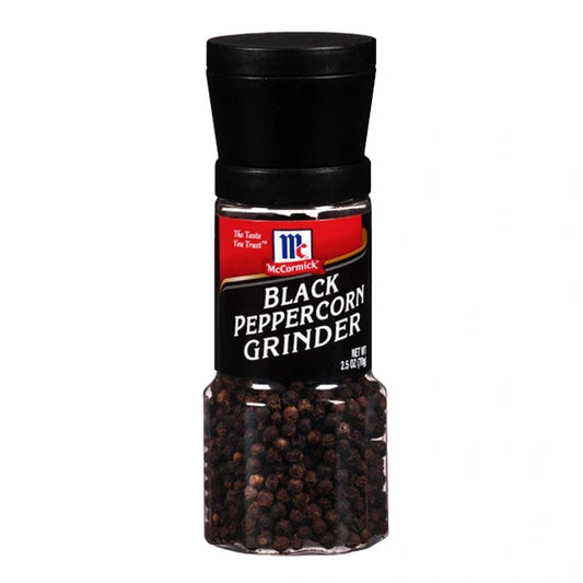 MCCORMICK Black Peppercorn Grinder 70g showing the black peppercorns inside a clear grinder container.