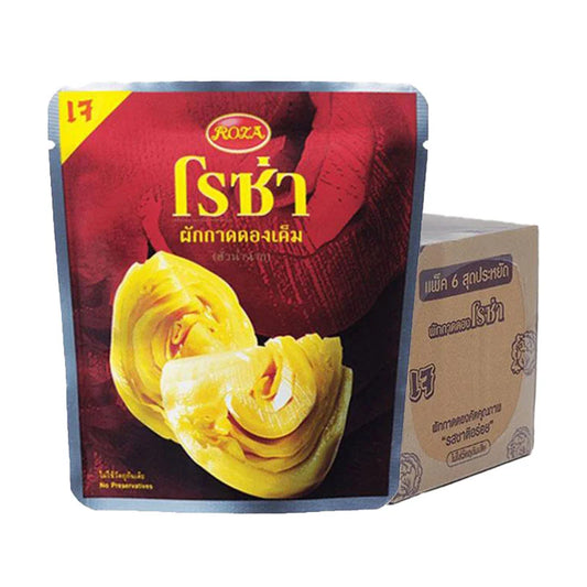 ROZA Green Mustard Pickle in a 145g jar, displayed in a pack of six, with vibrant green color and textured surface.