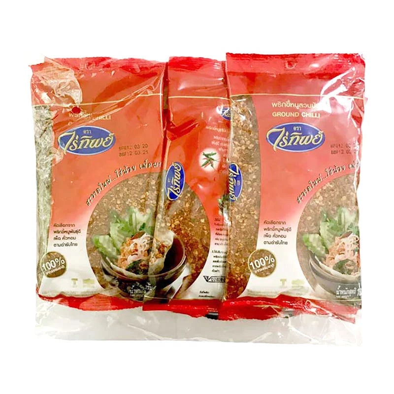 Ground chili spice from RAITIP in a 100g package, shown in a clear image with vibrant red chili powder.