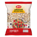 Aro Cereal Muesli Fruity 1kg box with colorful dried fruits and oats, ideal for breakfast or healthy snacking.