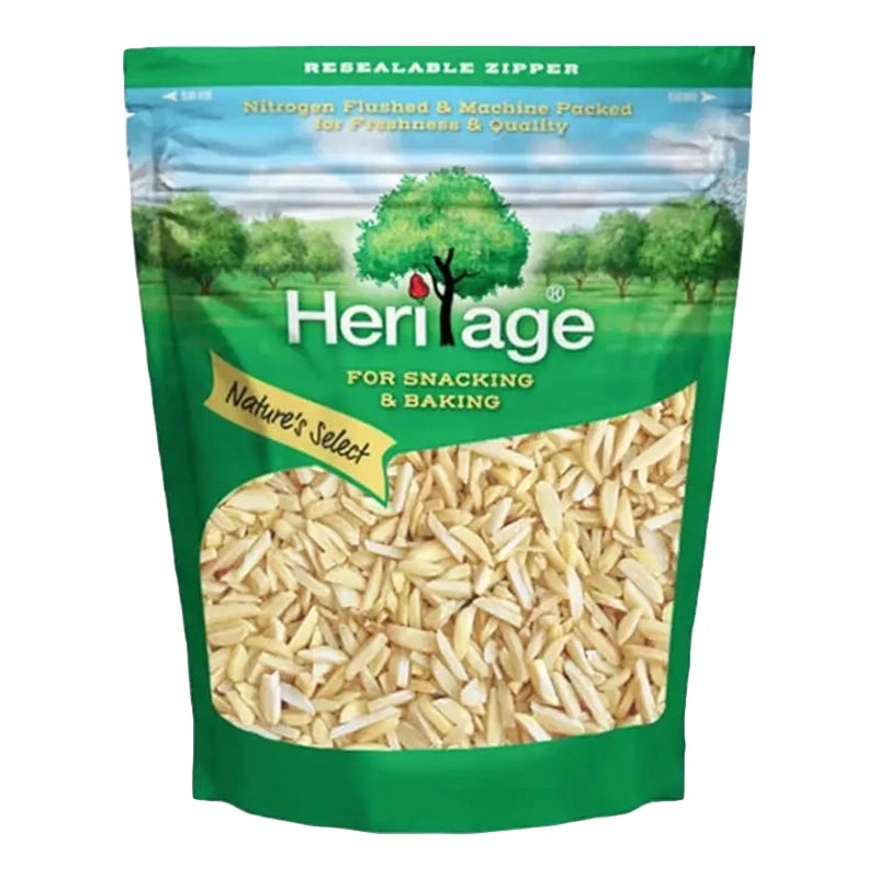 HERITAGE slivered almonds in a 500g package, showing thin, toasted almond slices ready for baking or snacking.