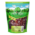 Heritage dried seedless prunes in a 500g package, showing plump, dark dried fruit ready for snacking or cooking.