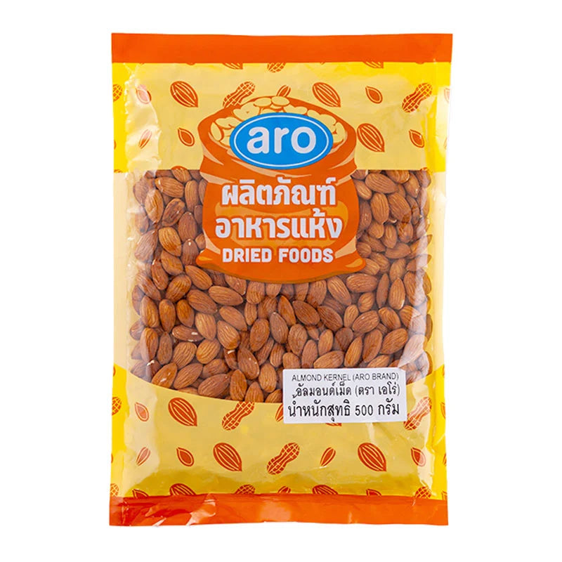 A box of ARO Whole Almond Seeds in a 500g package, showing fresh, whole almonds with light brown shells.