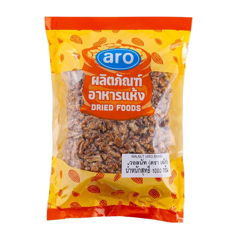 A bowl of fresh ARO walnuts in their shells, showcasing a 1 kg pack of high-quality walnuts from the ARO brand.