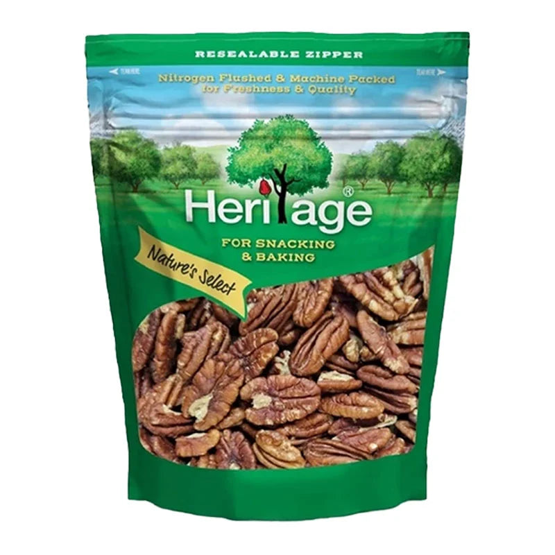 HERITAGE Pecan 454g bag showing fresh, whole pecans in a clear view with branding on the packaging.
