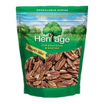 Heritage Pecan 454g in clear bag, showcasing golden-brown pecans for dry grocery or baking use.