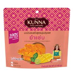 Kunna Golden Soft-Dried Mango Spicy Salad confectionery snack with vibrant orange mango pieces and spicy seasoning close-up.