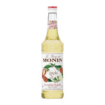Bottle of MONIN Lychee Syrup 700ml for dry grocery, featuring clear label and colorful lychee fruit illustration.
