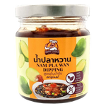 Bottle of Ta Krai Nam Pla Wan fish sauce from the grocery aisle, showcasing the traditional Thai condiment in a clear glass bottle.