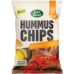 Eat Real Hummus Chips in Chilli & Lemon flavor, crispy snack with vibrant red and yellow chips on a white background.