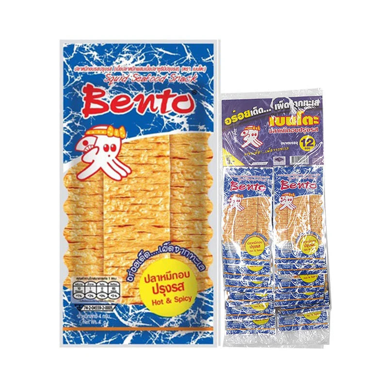 BENTO Squid Seafood Snack Hot & Spicy 4g, close-up of spicy seasoned dried squid snack in packaging.