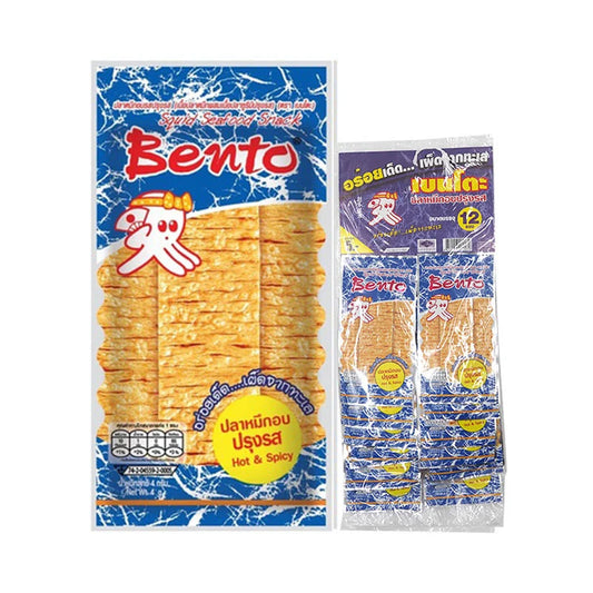 BENTO Squid Seafood Snack Hot & Spicy 4g, close-up of spicy seasoned dried squid snack in packaging.