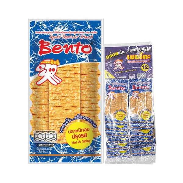 BENTO Squid Seafood Snack Hot & Spicy 4g, close-up of spicy seasoned dried squid snack in packaging.