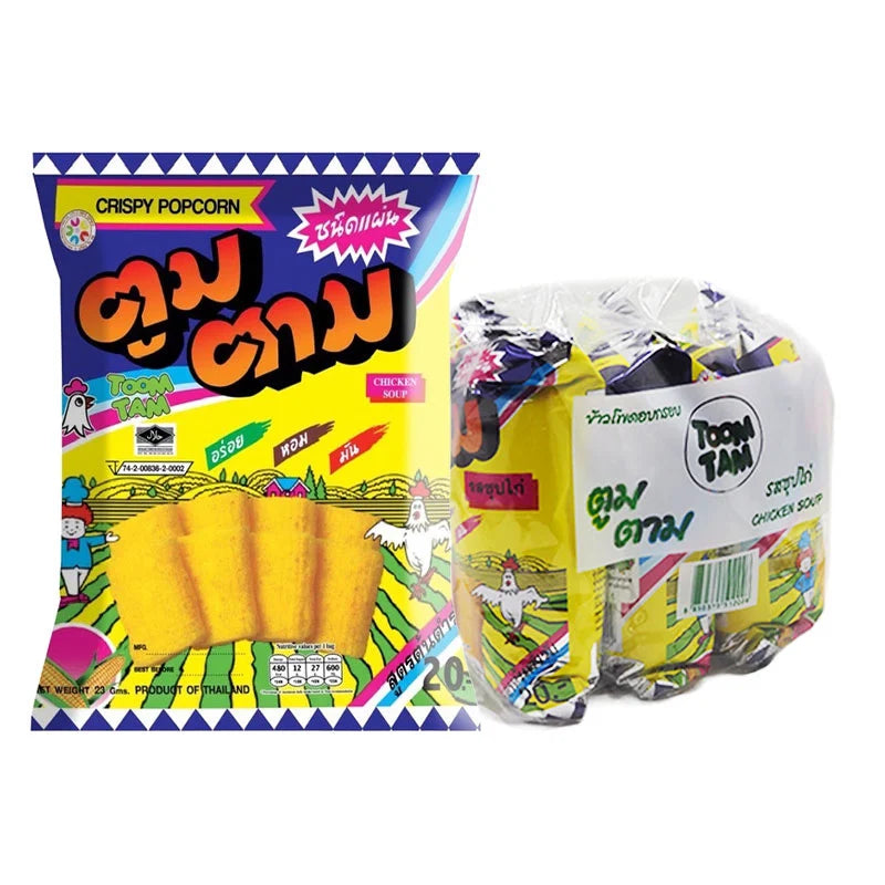 TOOMTAM Corn Extruded Snack Chicken Soup flavor, 91g pack, showing colorful snack pieces in a clear bowl.