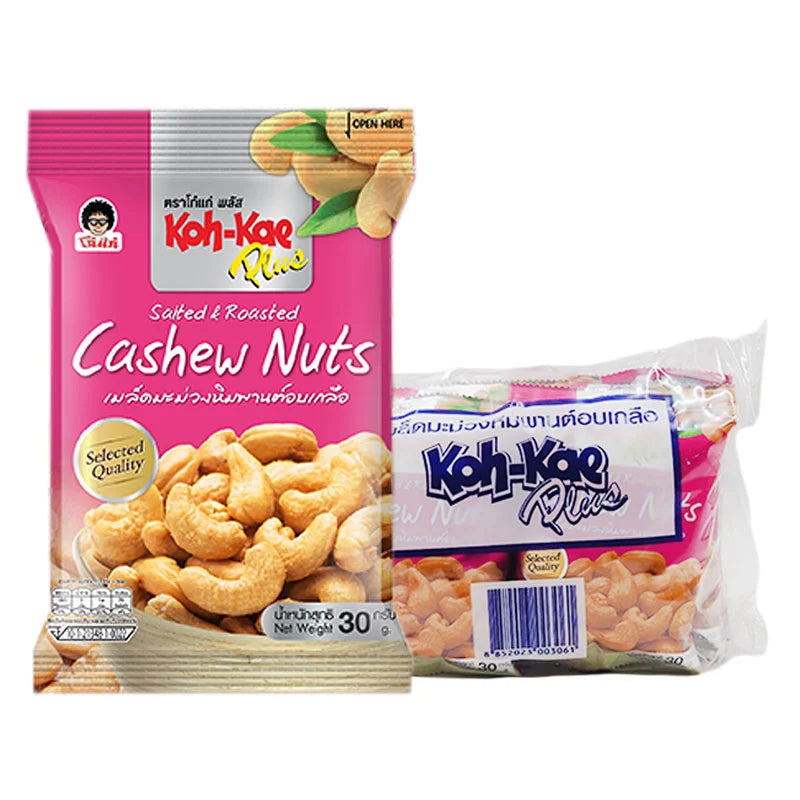 KOHKAE Plus Salted Cashew Nuts in 30g packs, showing salted cashews in a clear bowl with some nuts scattered around.