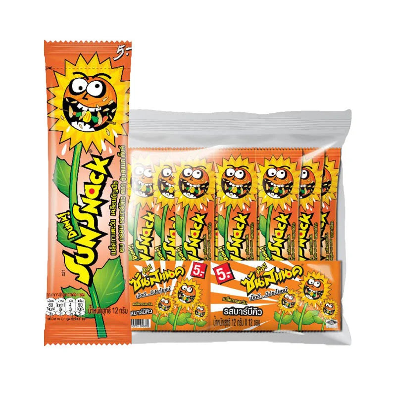 SunSNAK Sunflower BBQ flavor snack sachets, 12 grams each, in 12 individual packets, showcasing crispy sunflower seed snacks.