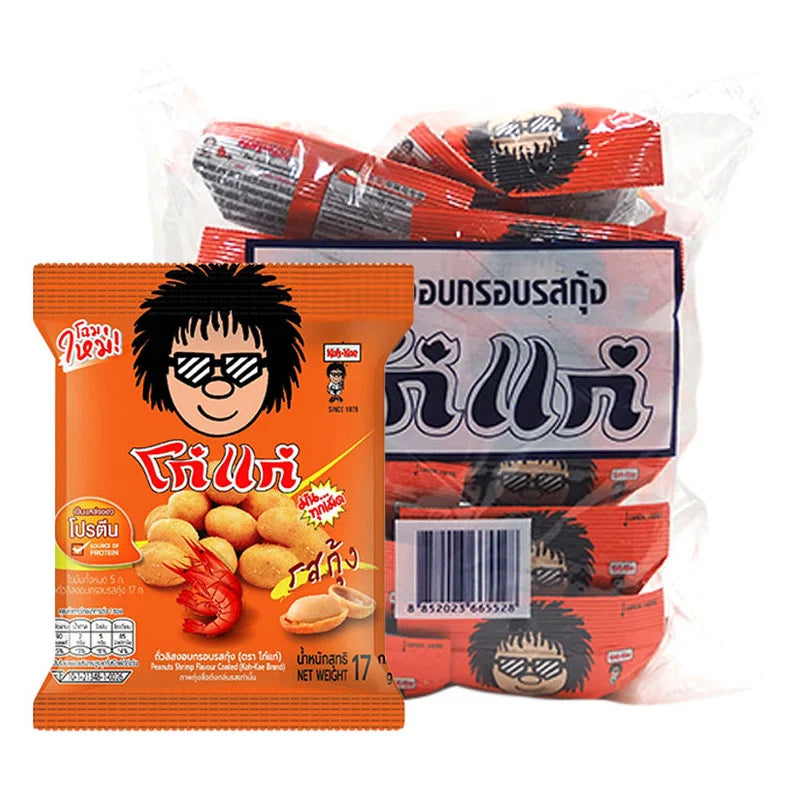 KOHKAE Shrimp Flavor Coated Peanuts in 17g packs, showing crispy coated peanuts with shrimp seasoning on the surface.