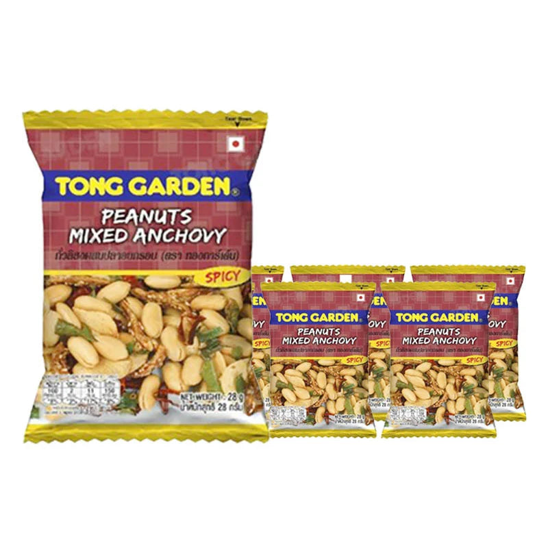 TONG GARDEN Peanuts Mixed Anchovy snack pack, 28g x 6, showing colorful mixed peanuts and anchovy pieces in a clear bag.