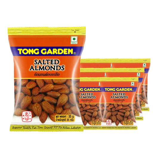 Tong Garden salted almonds in a 35g pack, showing golden almonds coated with salt in clear packaging.