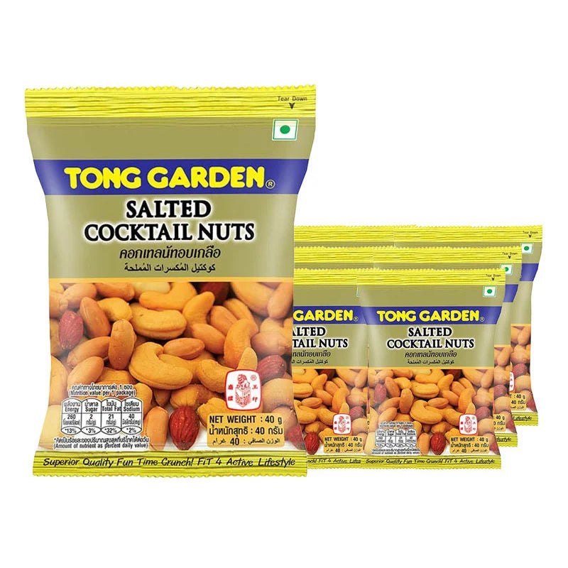 Tong Garden Cocktail Nuts in 40g packs, showing a colorful mix of roasted nuts in a clear bowl for snacking.