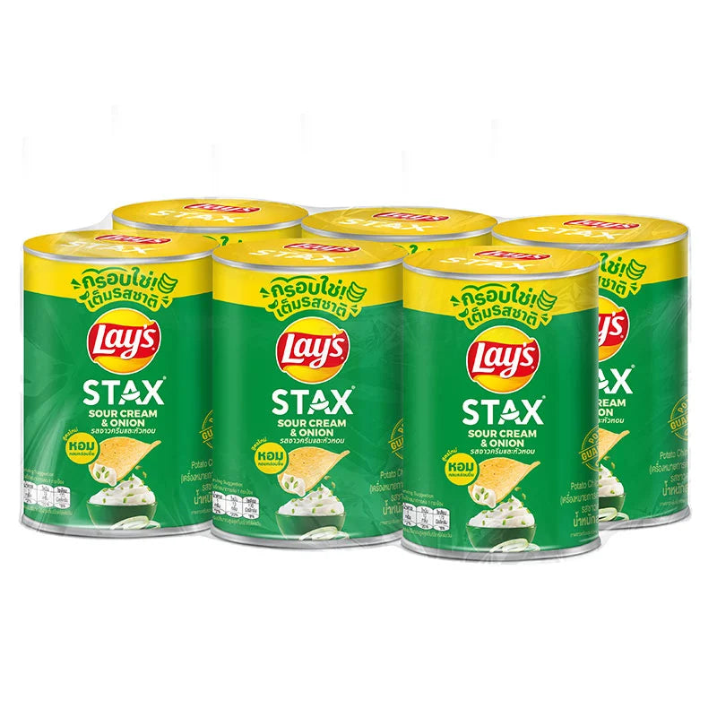 Lay's Stax potato chips Sour Cream & Onion flavor in a 42g x 6 pack, featuring stacked snack cans with colorful packaging.