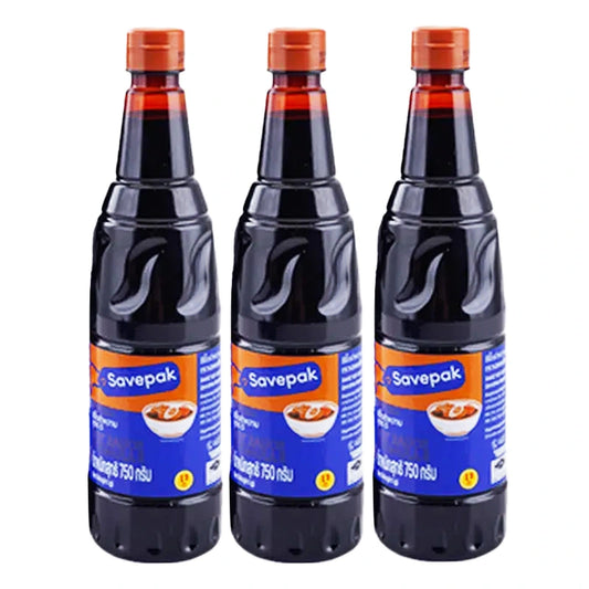 SAVEPAK Dark Soy Sauce Formula 5 bottle, 750g each, with three bottles shown, featuring dark soy sauce labels and packaging