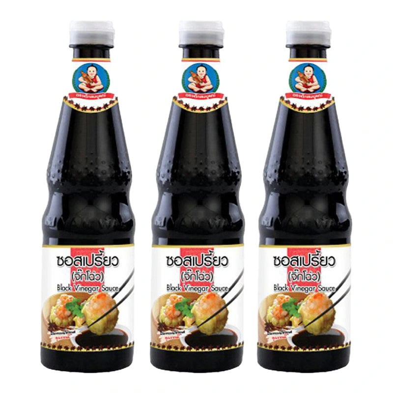 Three bottles of DEK SOM BOON Black Vinegar, 600 ml each, showing the dark liquid inside clear glass bottles.