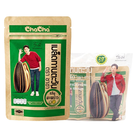 CHACHA Sunflower Seeds Coconut Flavor 72g pack, showing sunflower seed bags with coconut flavor branding and colorful packaging.
