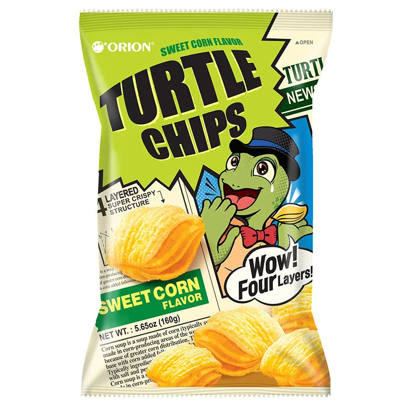 ORION Turtle Chips sweet corn flavor 160g bag showing crispy corn chips in colorful packaging