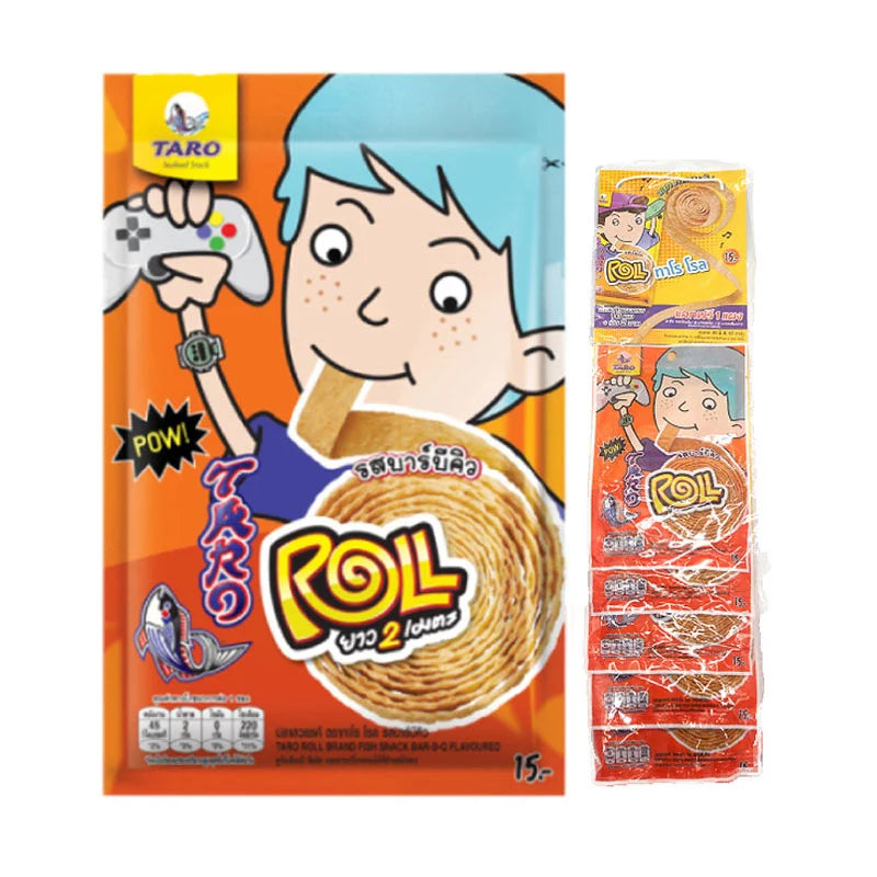 TARO BBQ Flavored Roll Fish Snack 13g, crispy snack with fish flavor, in colorful packaging, 6-pack.