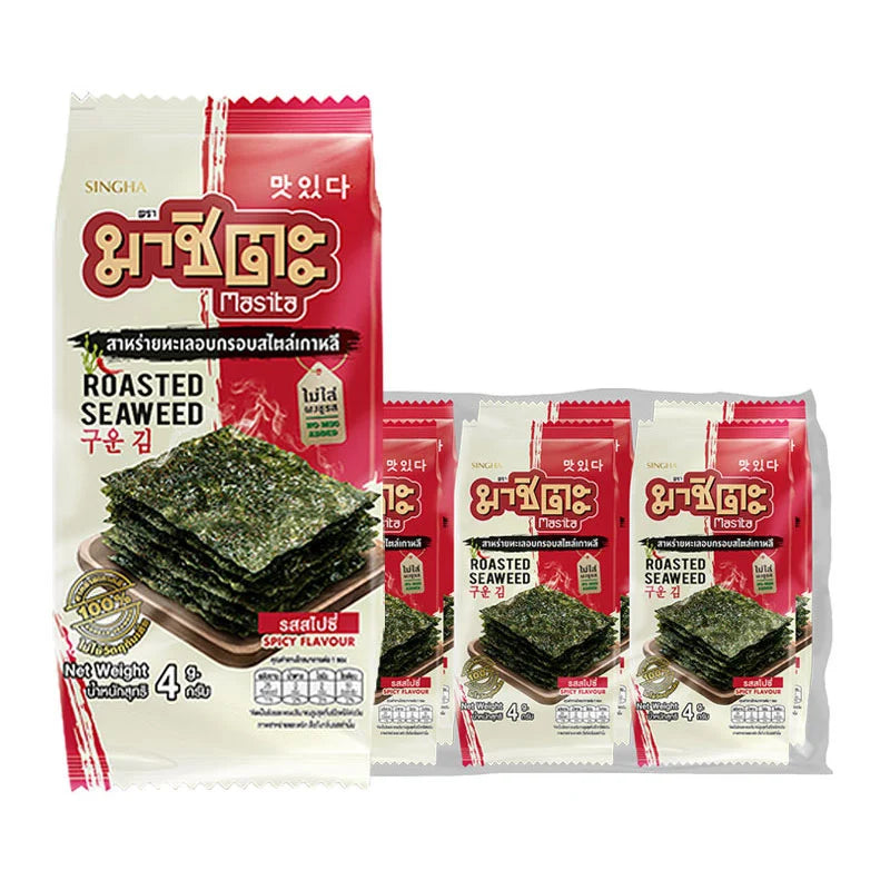 MASITA Roasted Seaweed Spicy Flavour snack, 4g pack, featuring crispy, seasoned seaweed sheets with a spicy flavor.