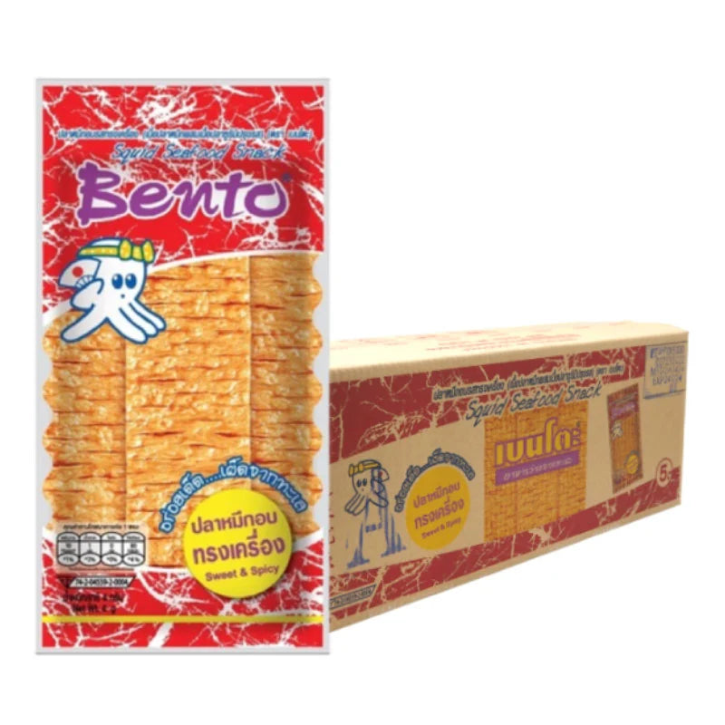 BENTO Sweet & Spicy Squid Seafood Snack packet, 4g x 288, featuring colorful packaging with images of seasoned squid pieces.