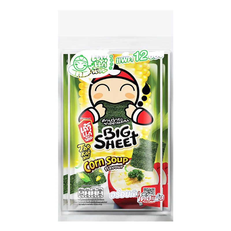 TAOKAENOI Japanese-style crispy seaweed corn soup sheet, 3.2g, shown in package with seaweed and corn flavor visual.