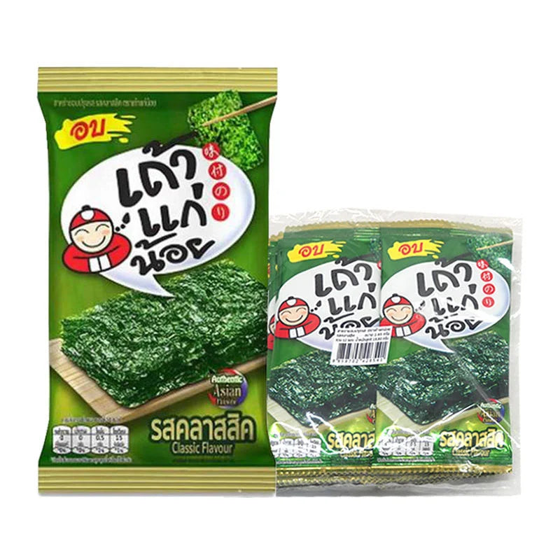 TAOKAENOI roasted mini classic seaweed snack pack with 12 individual 1.65g seaweed sheets on a white background