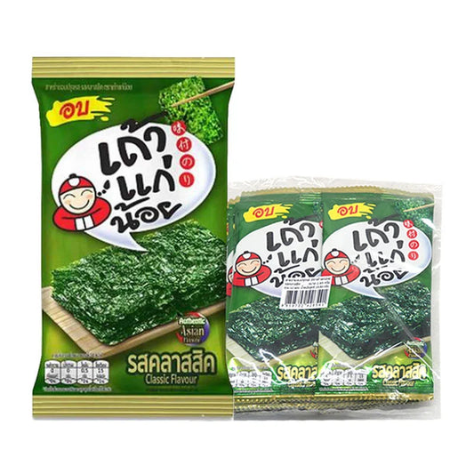 TAOKAENOI roasted mini classic seaweed snack pack with 12 individual 1.65g seaweed sheets on a white background
