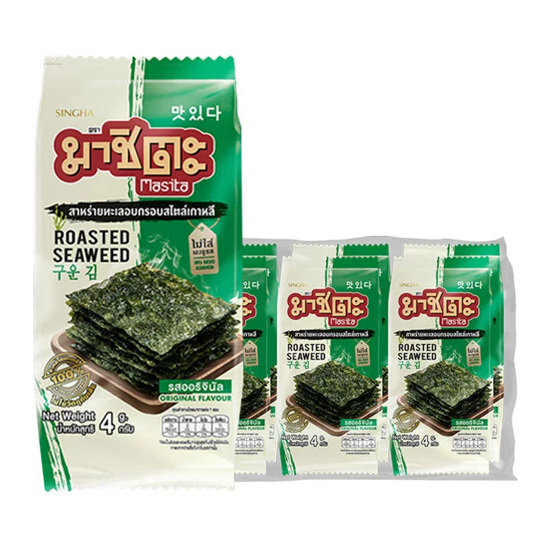 MASITA roasted seaweed sheets in original flavor, 4g packs, arranged in a stack, ready for snacking or culinary use.