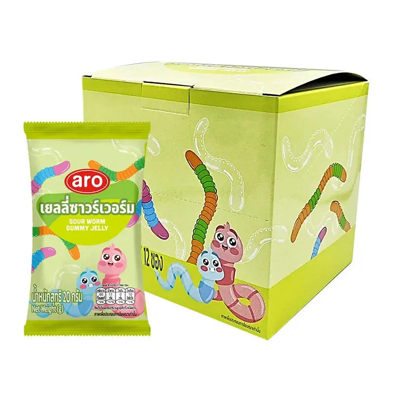 Assorted ARO Sour Worm Gummy Jelly candies in 20g packs, colorful and chewy sweets from the ARO brand.