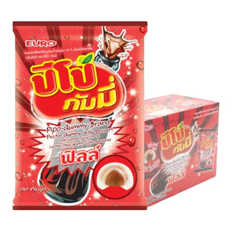 PIPO Cola gummy gelatin candies in a clear bag, showing vibrant cola-flavored gummies with a glossy finish.