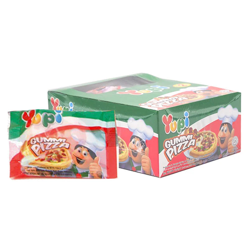YUPI Gummy Pizza candies, 8g each, showing colorful gummy slices shaped like pizza on a white background.