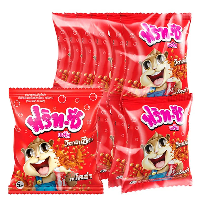 FRIT-C cola flavored gummy candy in clear bag showing colorful cola-shaped gummies, 22g x 12 pack.
