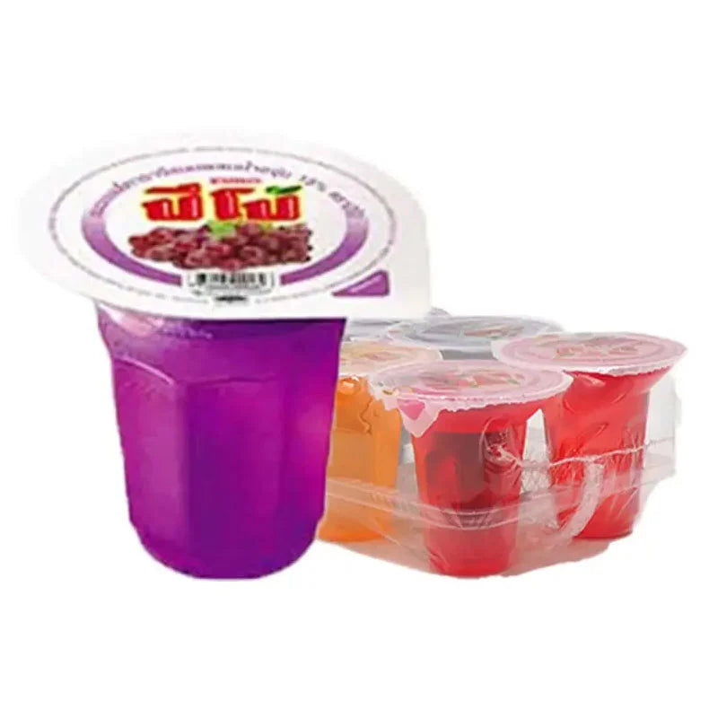 PIPO Jelatin 6 Cups container with six transparent gelatin cups stacked, showcasing the product's packaging and clear jellies.